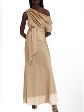 Significant Other Olinda One-Shoulder Belted Satin Dress Champagne Gold